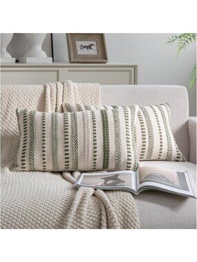 Set of 2 Green Boho Stripe Throw Pillow Covers 12x20" Decorative Cushion Cases